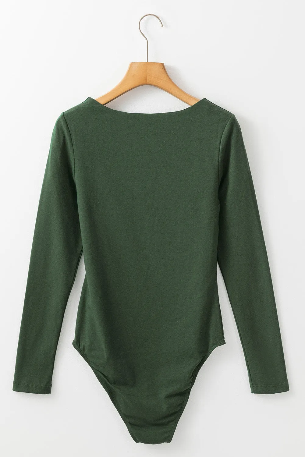 Blackish Green Solid Colour Square Neck Long Sleeve Slim Fit Bodysuit