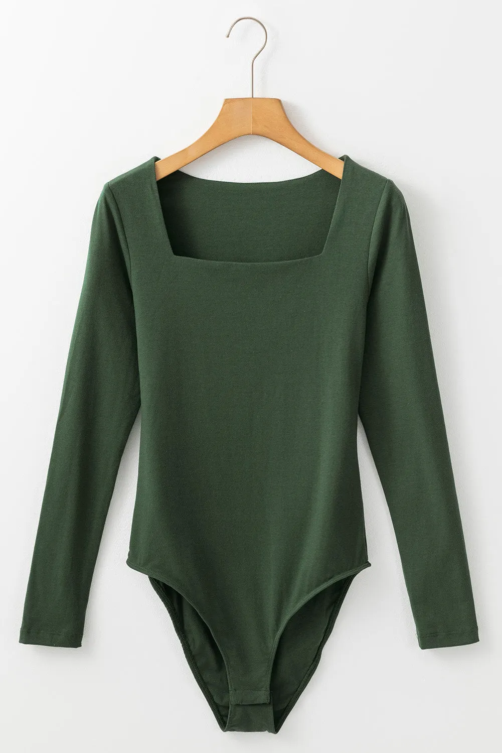 Blackish Green Solid Colour Square Neck Long Sleeve Slim Fit Bodysuit