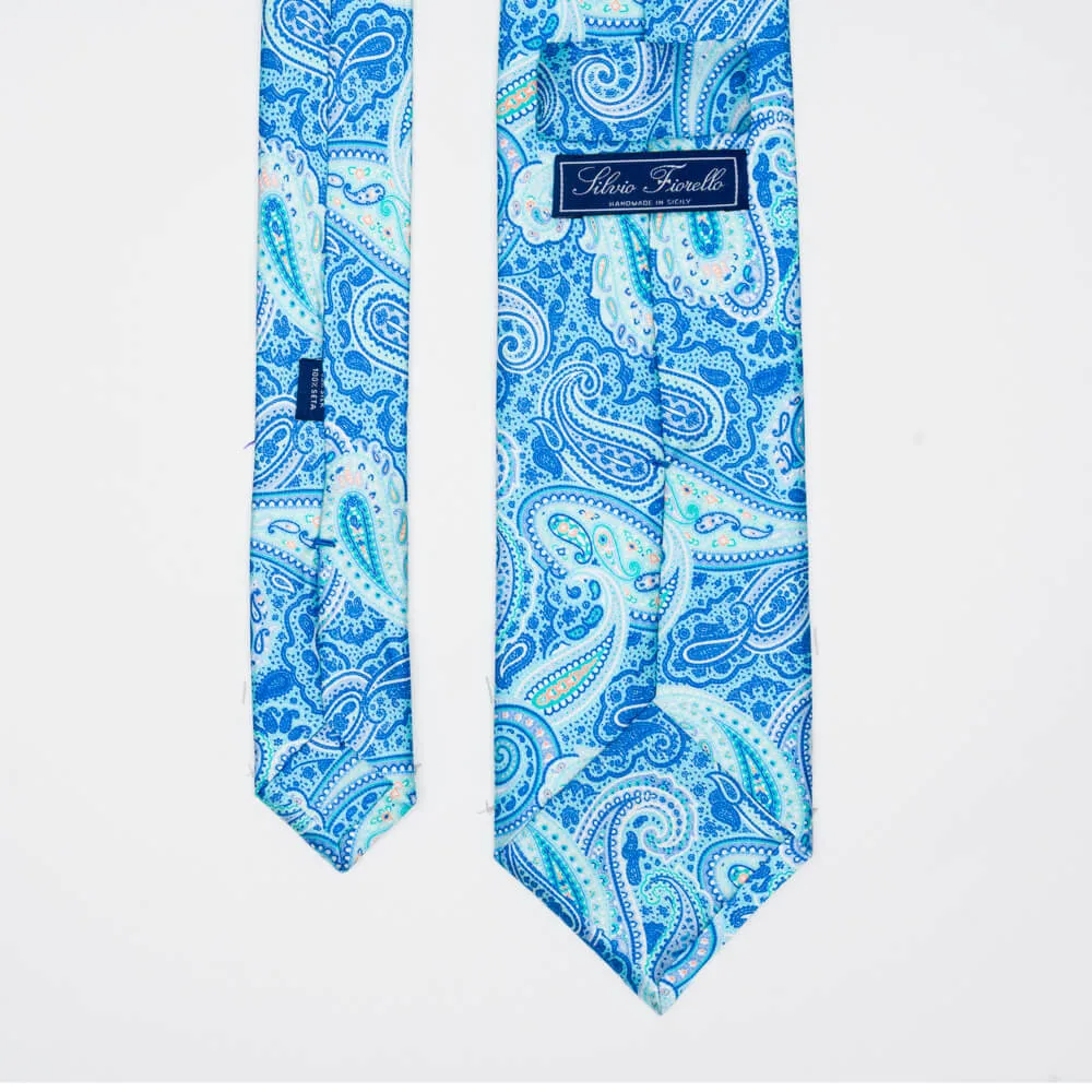 Blue and Aqua Sicilian Paisley Duchesse Silk Tie