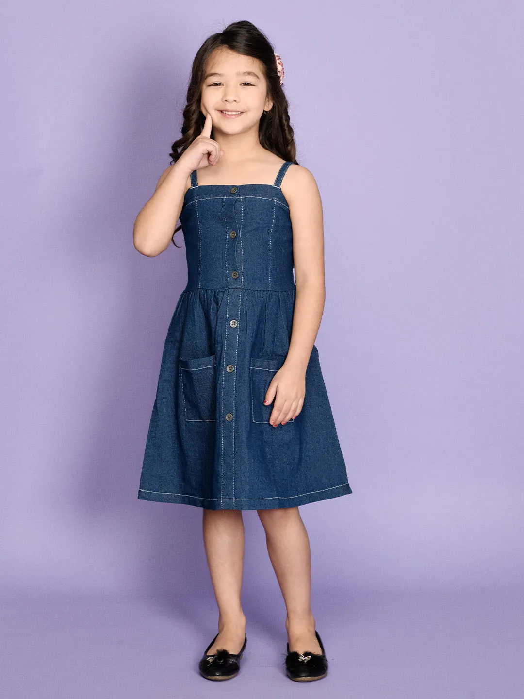 Blue Denim Fit And Flared Smocking Dress