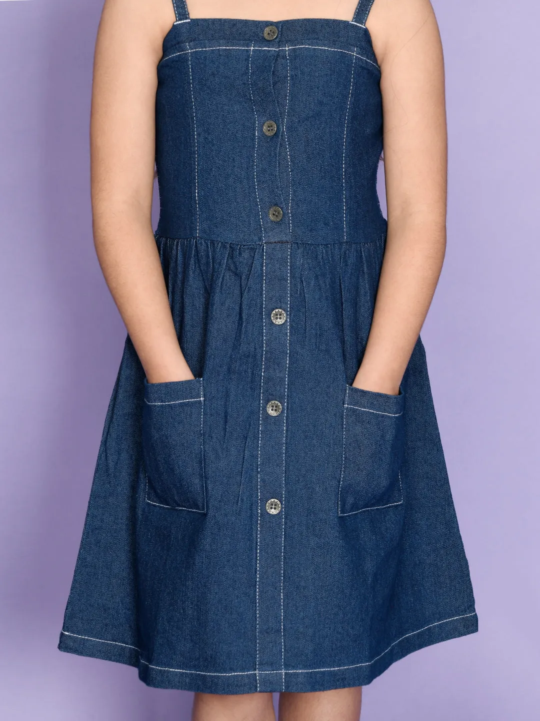 Blue Denim Fit And Flared Smocking Dress