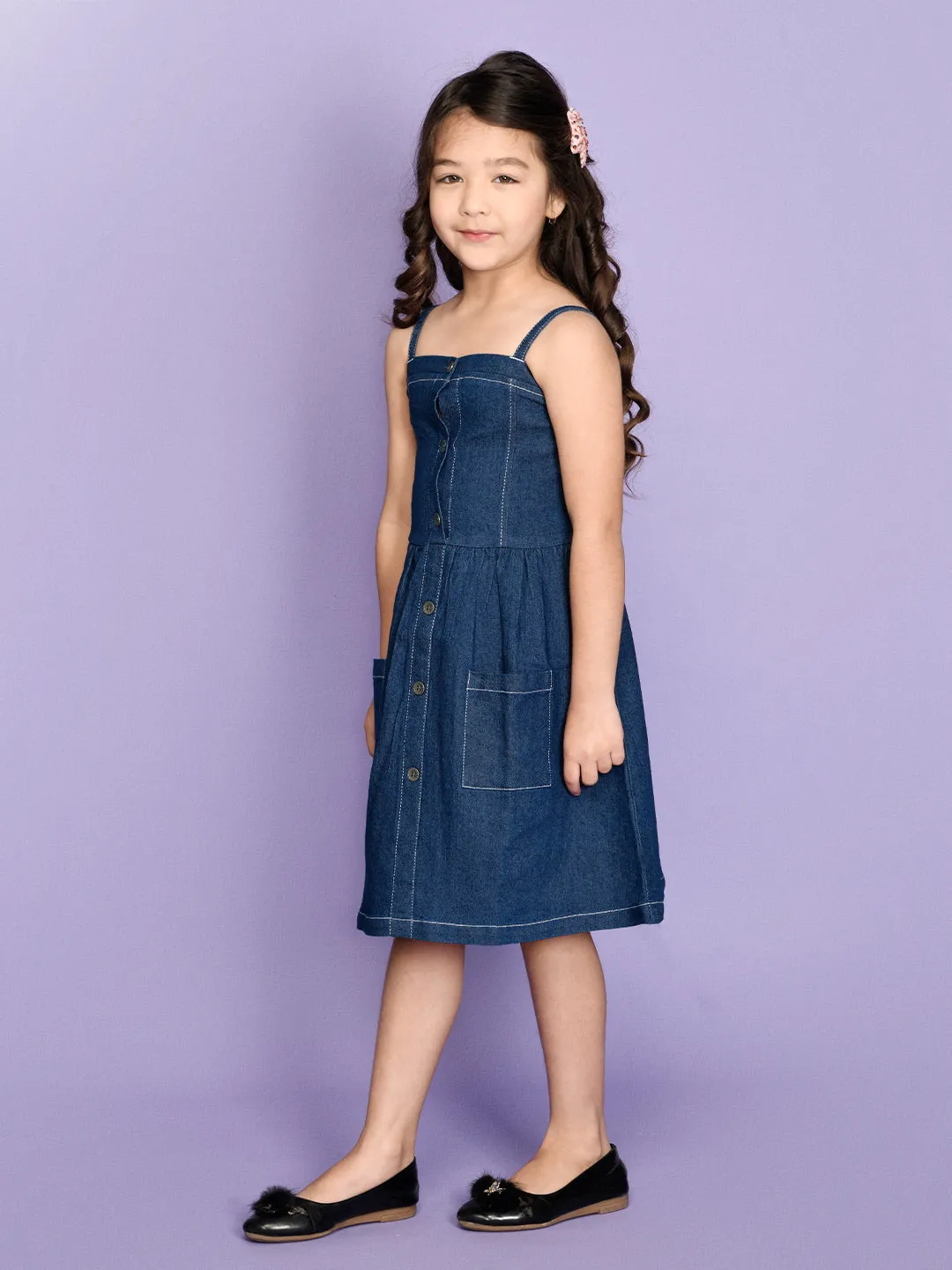 Blue Denim Fit And Flared Smocking Dress