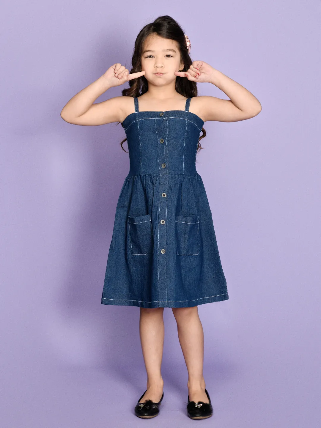 Blue Denim Fit And Flared Smocking Dress