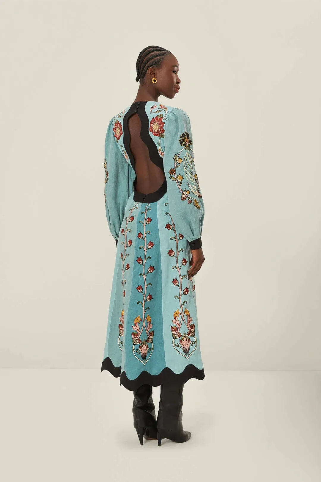 Blue Flowing Beauty Embroidered Long Sleeve Midi Dress