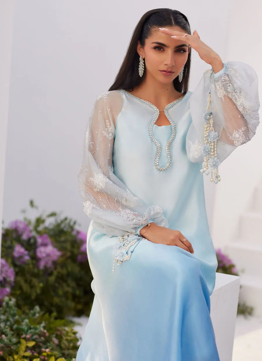 Bow Ombre Blue Embellished Kaftan Cut Shirt