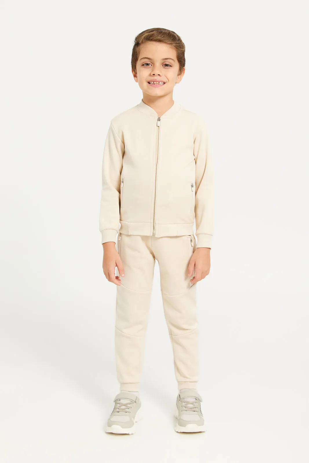 Boys Beige Front Zipper Sweatshirt