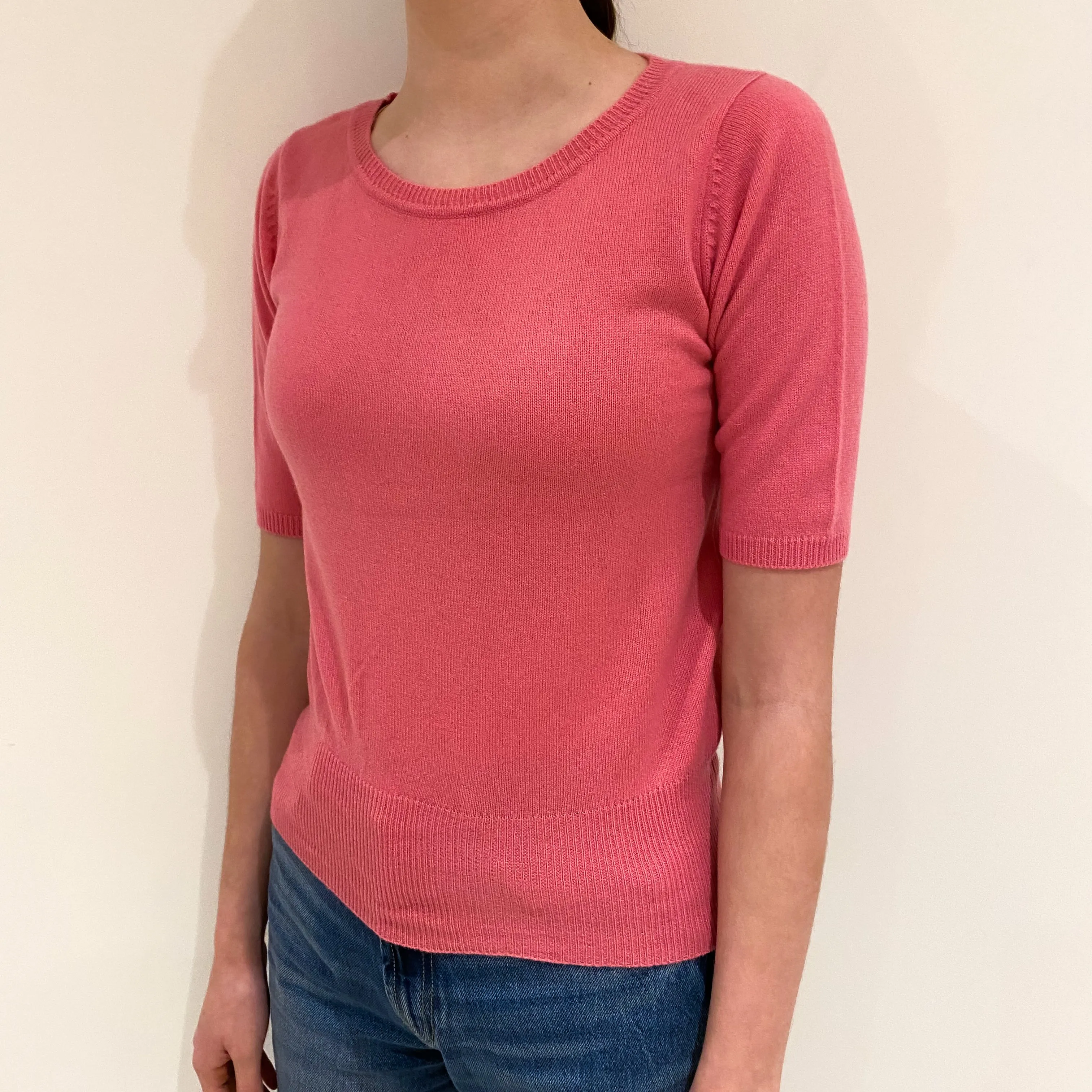 Bubblegum Pink Cashmere Short Sleeved Crew Neck Jumper Extra Small