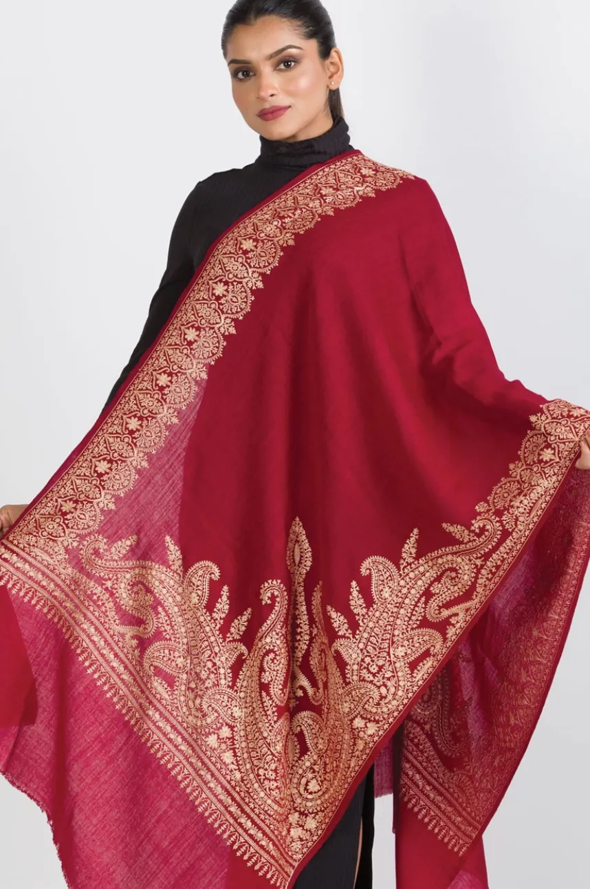 Burgundy Embroidered Wool Shawl