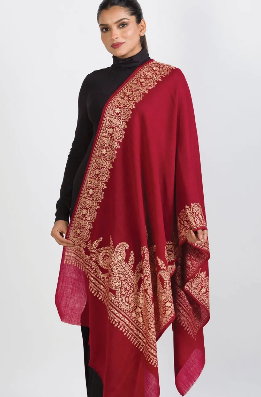 Burgundy Embroidered Wool Shawl