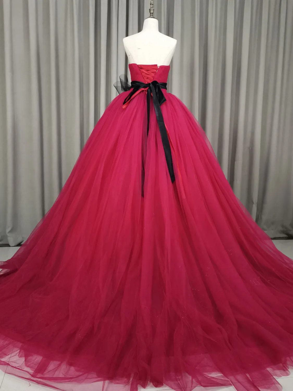 Burgundy Tulle Long Prom Gown, Burgundy Tulle Sweet 16 Dress