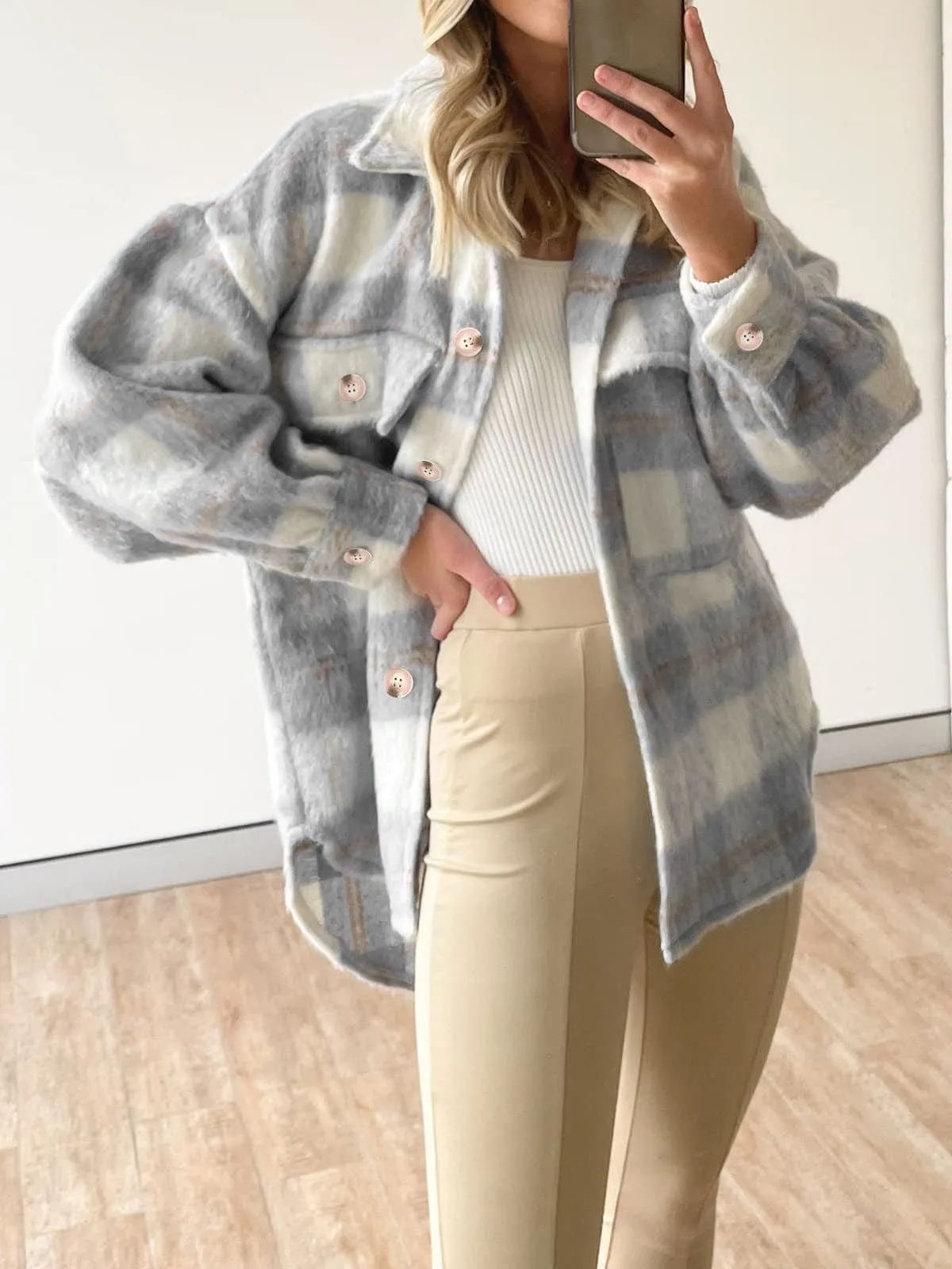 Button-Down Plaid Jacket for Women