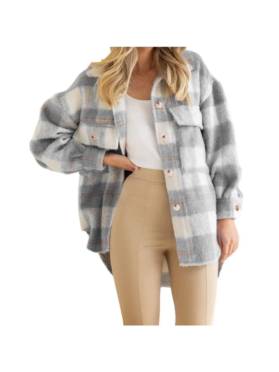 Button-Down Plaid Jacket for Women