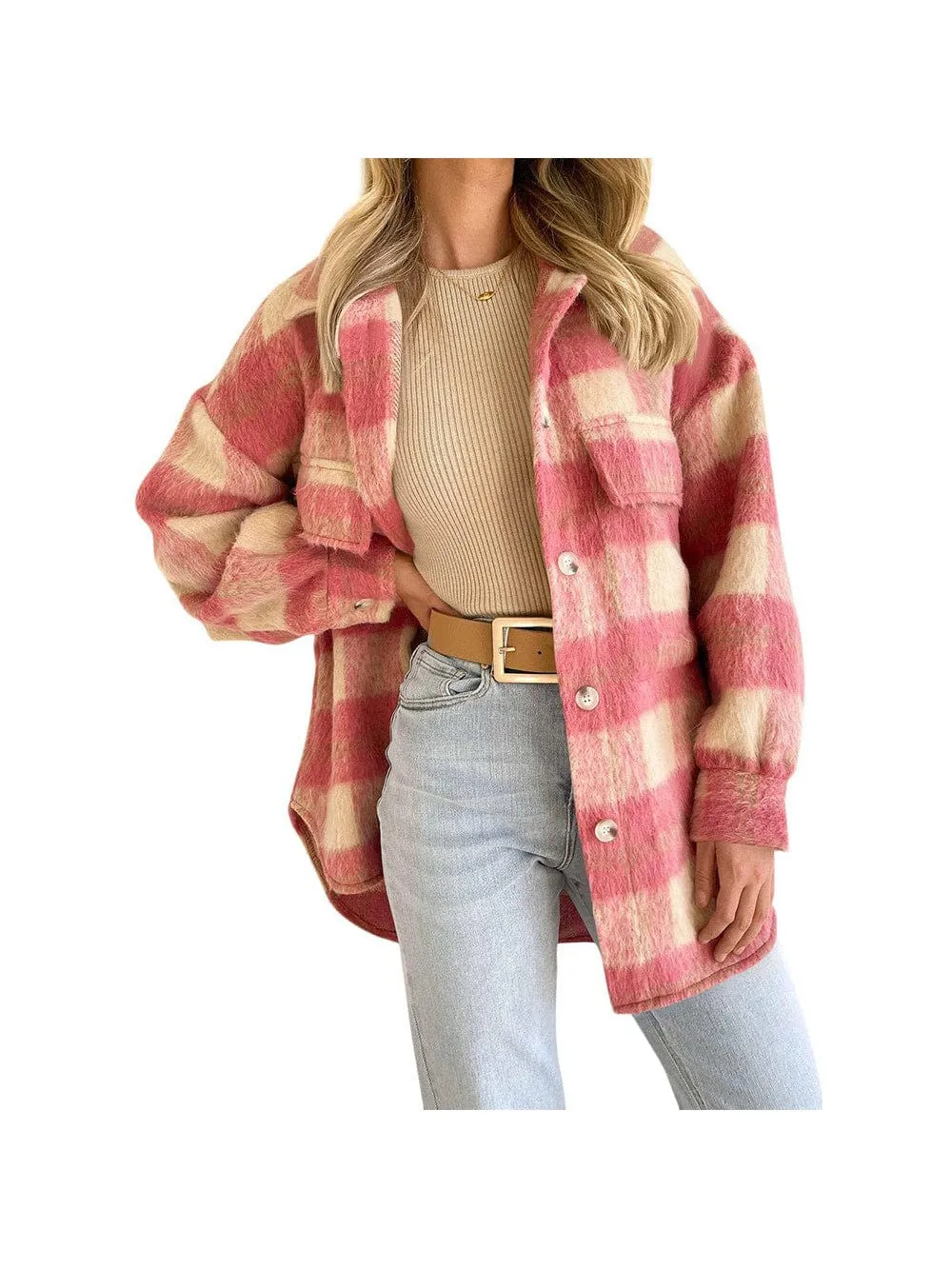 Button-Down Plaid Jacket for Women