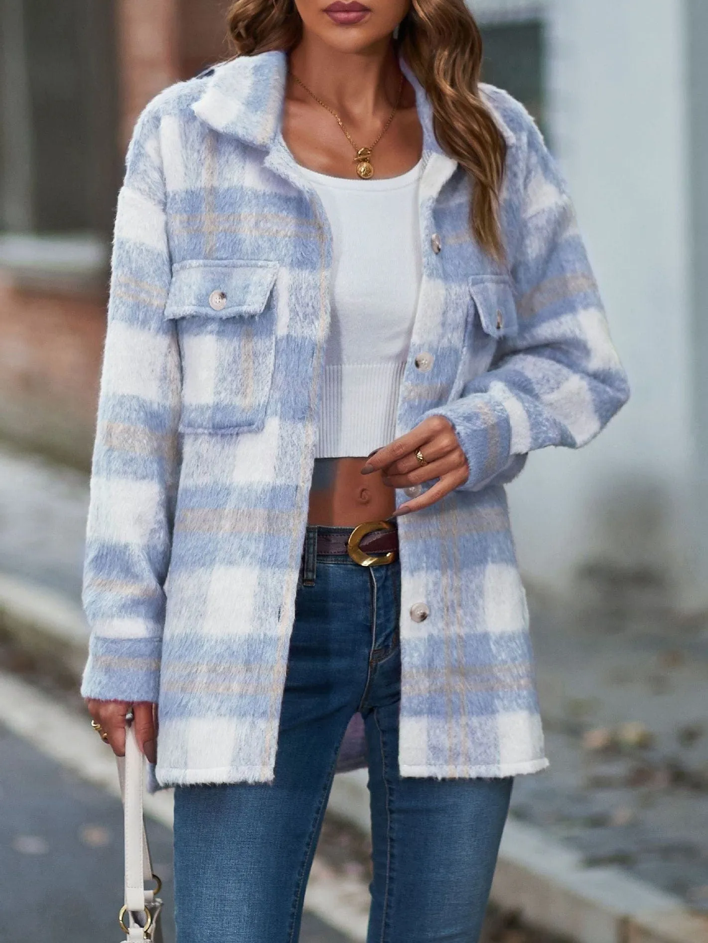 Button-Down Plaid Jacket for Women