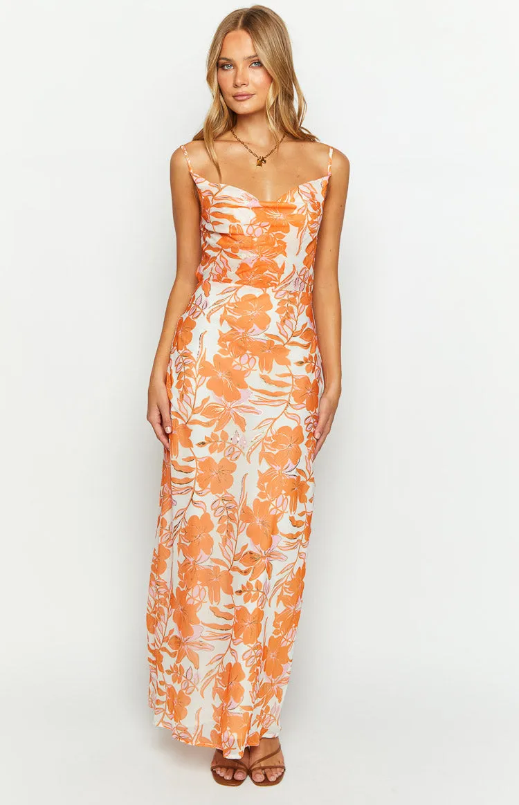 Cambri Orange Floral Chiffon Maxi Dress