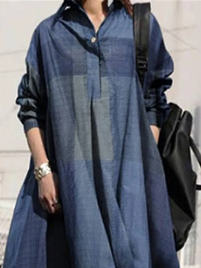 Casual Dress Shirt Dress Linen Dress Long Dress Maxi Dress Blue Long Sleeve Geometric Button Winter Fall Spring Shirt Collar Fashion Daily  S M L XL XXL 3XL 4XL 5XL for Women