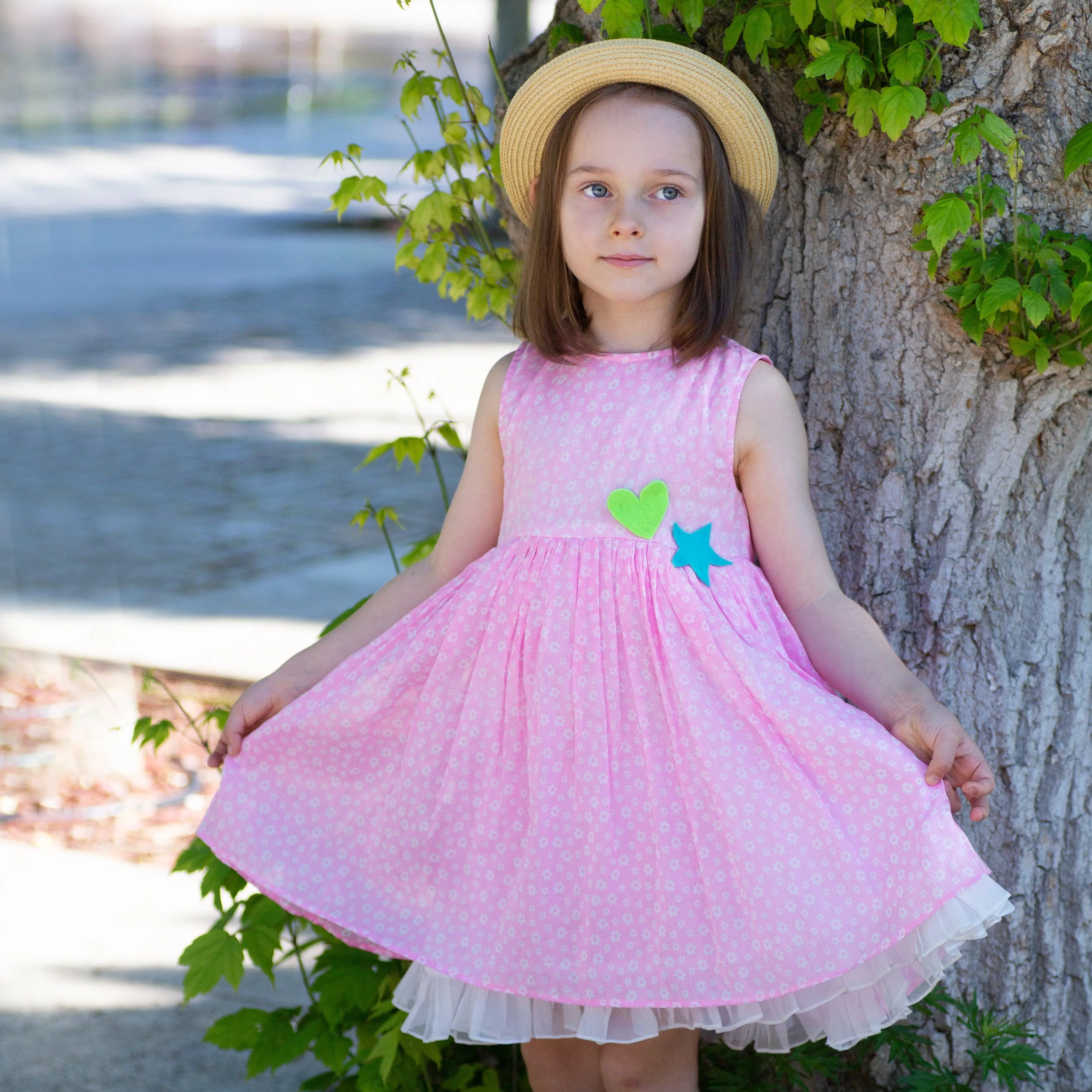 C'est La Vive- Sleeveless Pink Dress with White Floral Print for Girls