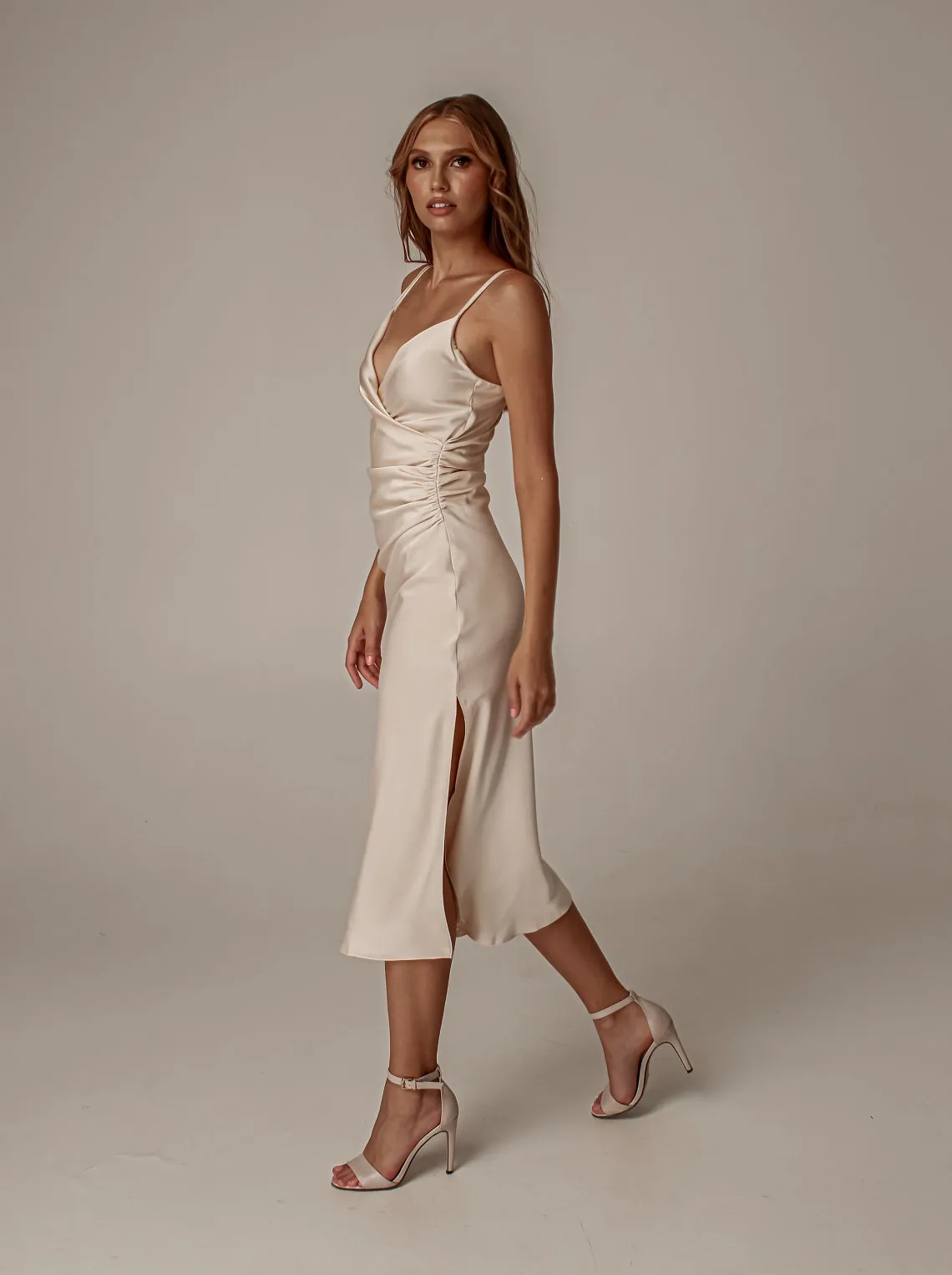 Champagne midi bridesmaid slip dress