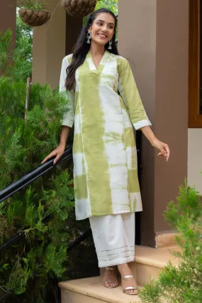 Charvi Green Tie Dye V-Neck Kurta and White Flared Pants - Set