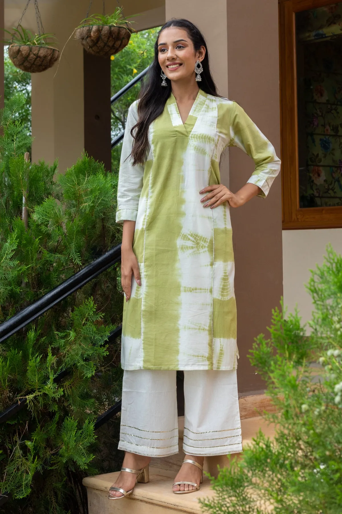 Charvi Green Tie Dye V-Neck Kurta and White Flared Pants - Set