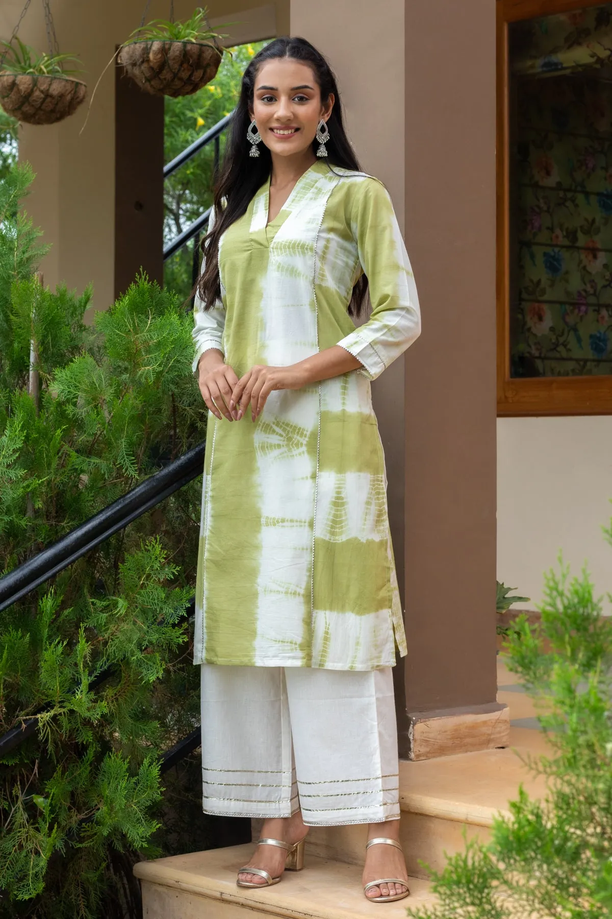 Charvi Green Tie Dye V-Neck Kurta and White Flared Pants - Set