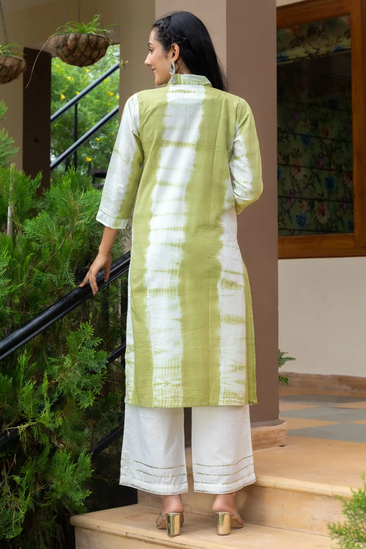 Charvi Green Tie Dye V-Neck Kurta and White Flared Pants - Set