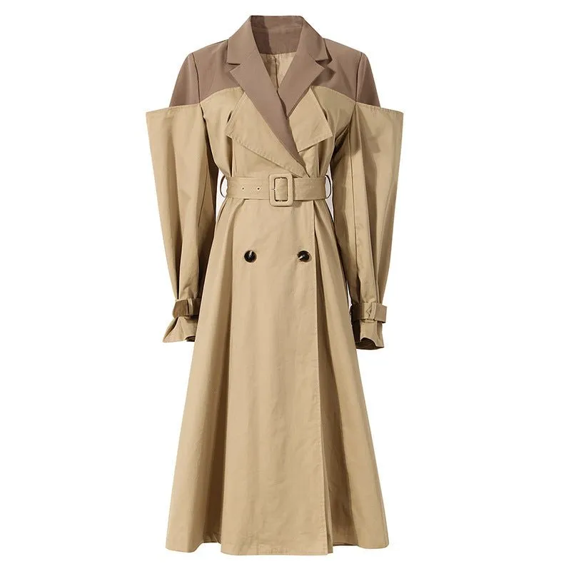 Chic Two-Tone Knot Detail Trench Coat for Women - Mid-Length Autumn Elegance