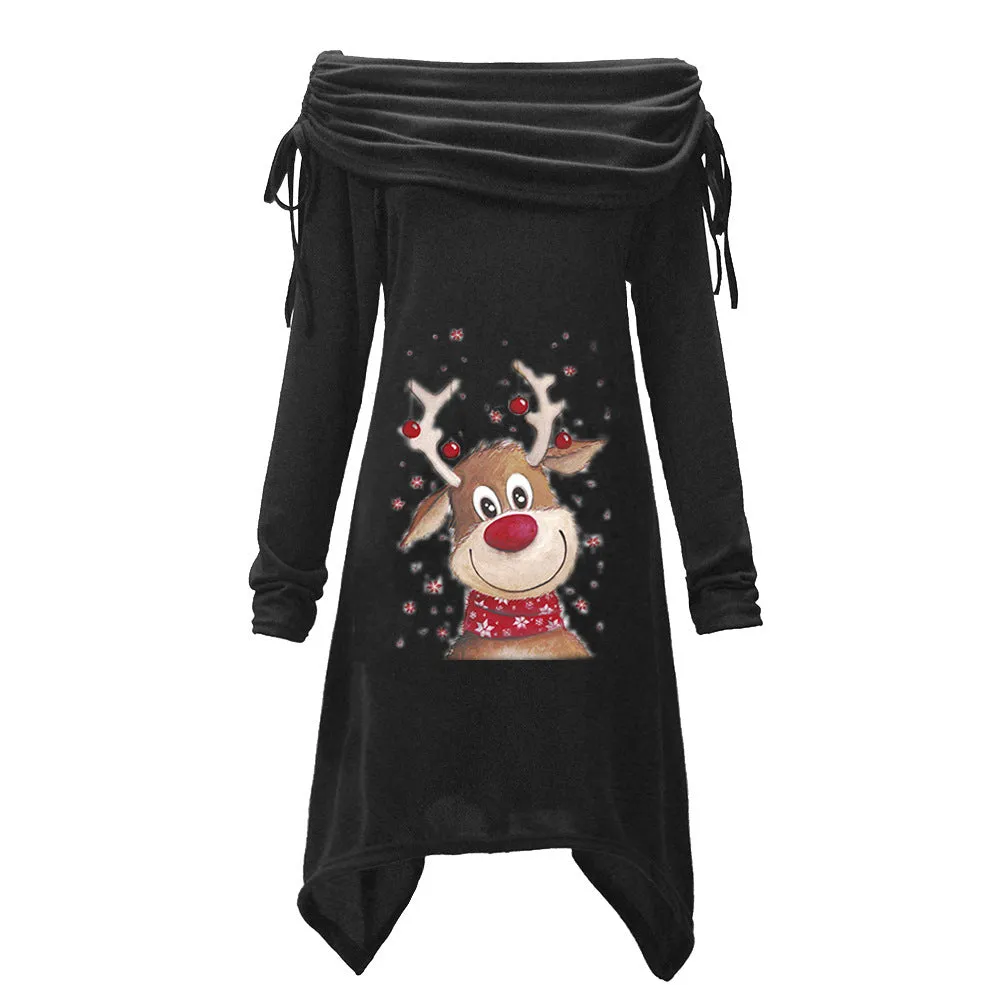 Christmas Elk Print Pleated Collar Irregular Long Corset Coat