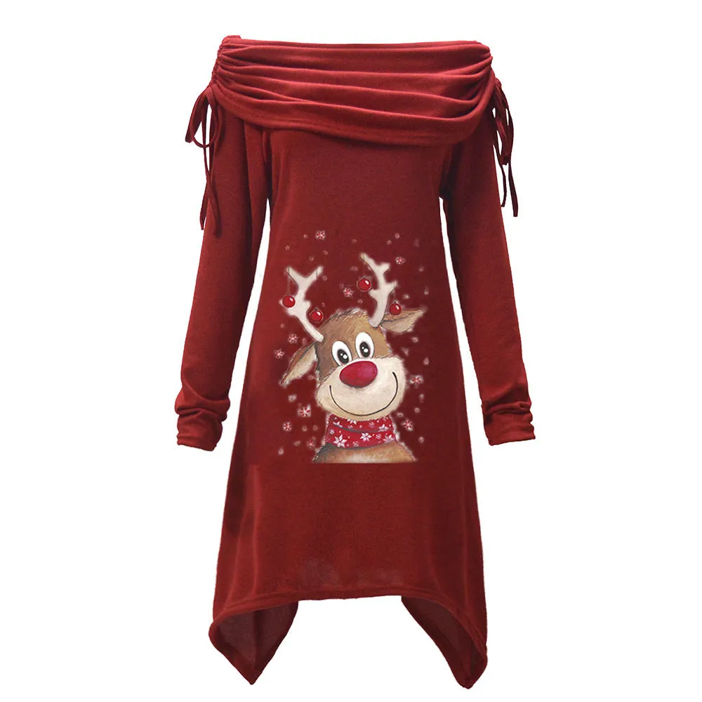 Christmas Elk Print Pleated Collar Irregular Long Corset Coat