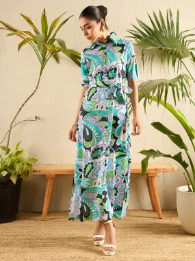 Collar Buttoned Down Printed Shirt Maxi Dress