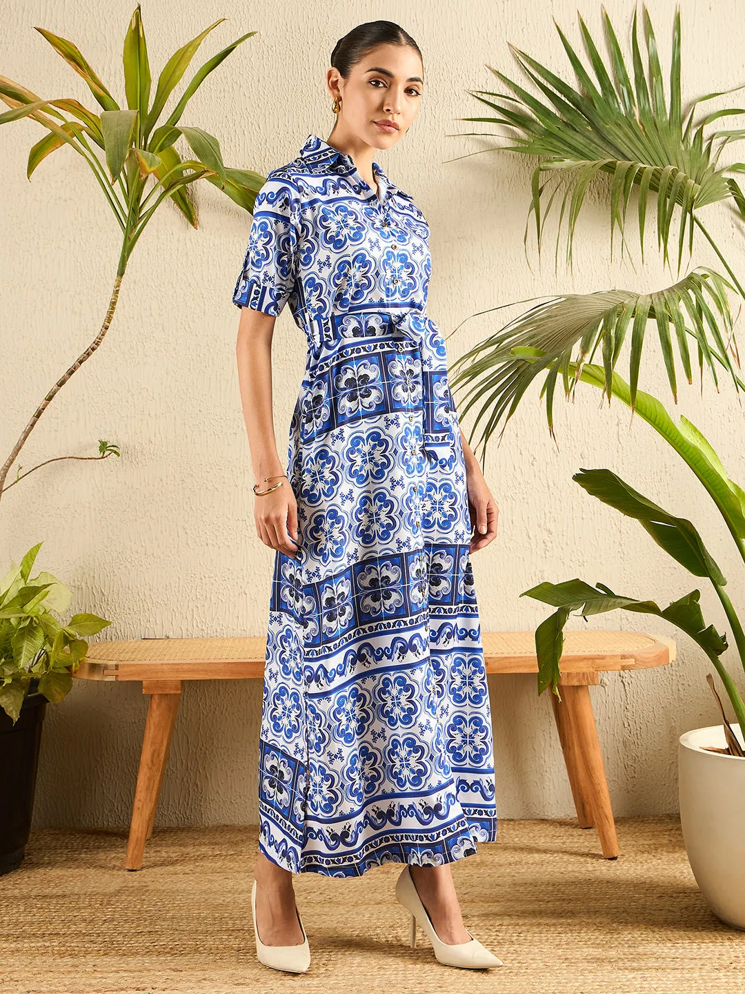 Collar Buttoned Down Printed Shirt Maxi Dress