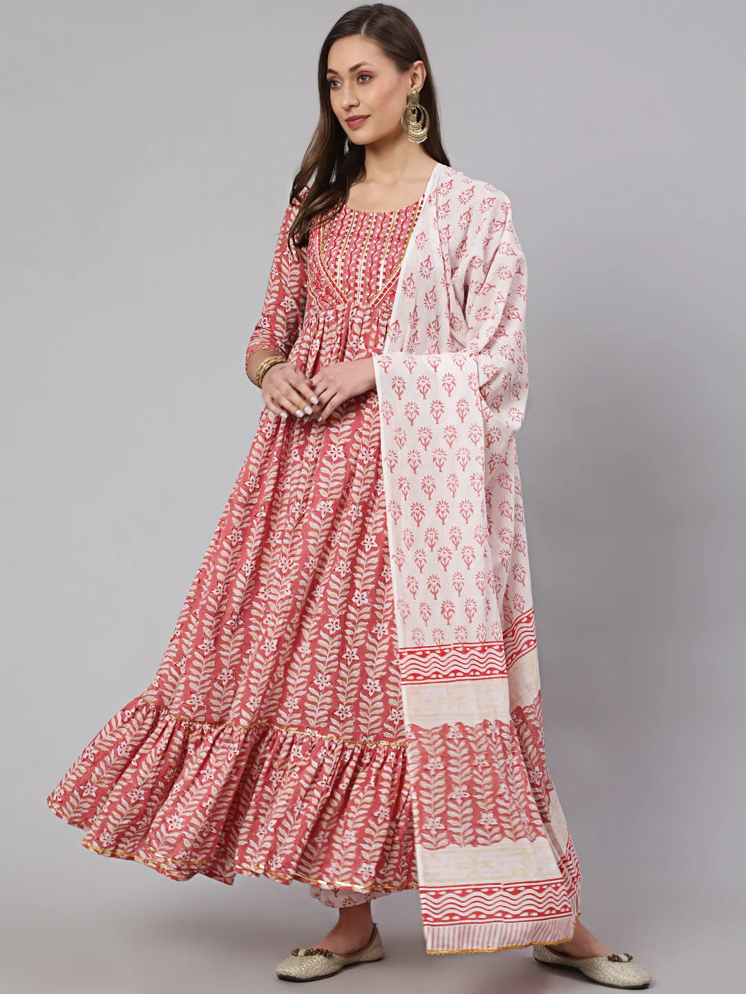 Cotton Printed Ankle Length Flared 3/4 Sleeve Round Neck Kurta, Pants With Dupatta Set