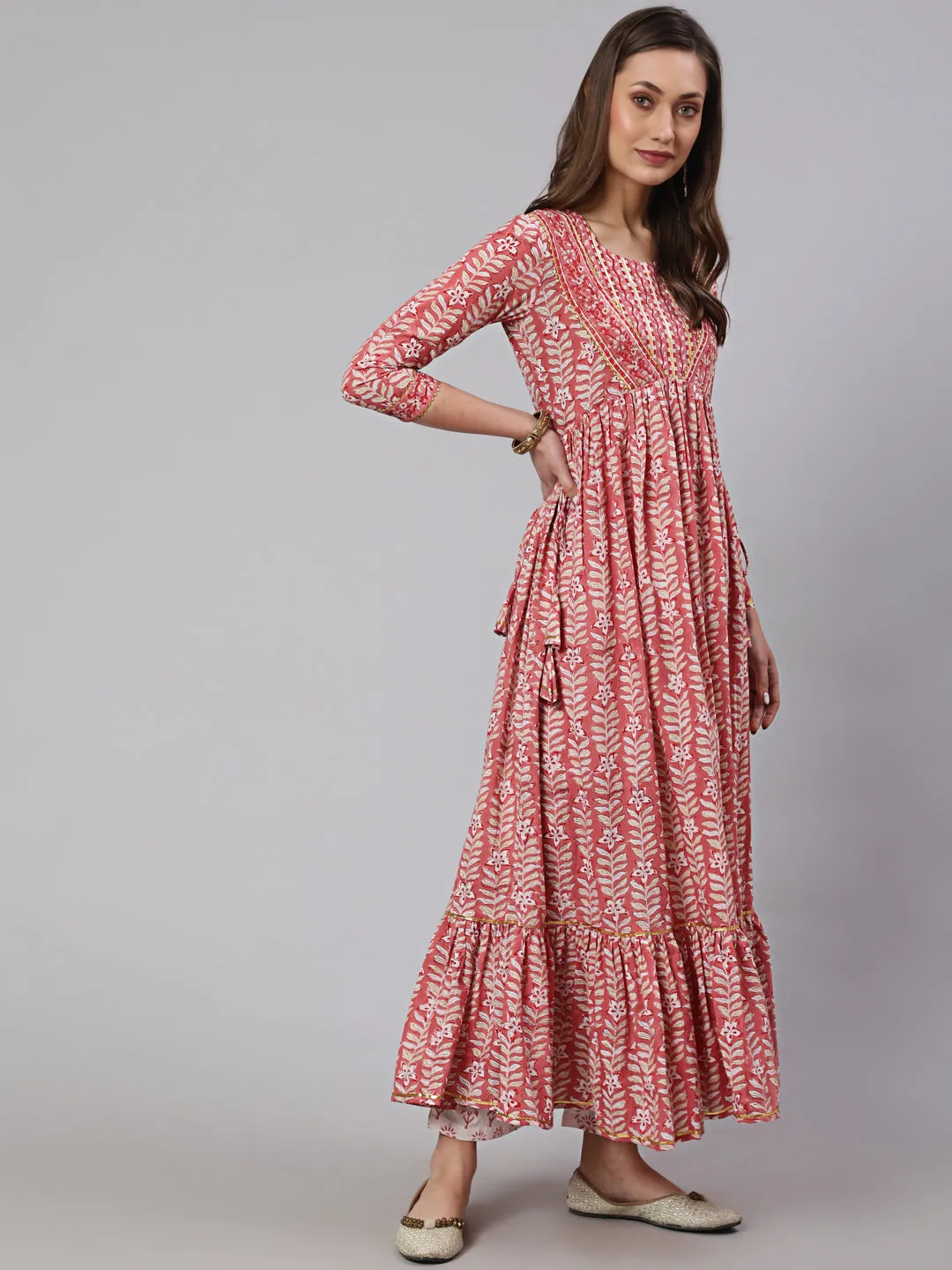 Cotton Printed Ankle Length Flared 3/4 Sleeve Round Neck Kurta, Pants With Dupatta Set