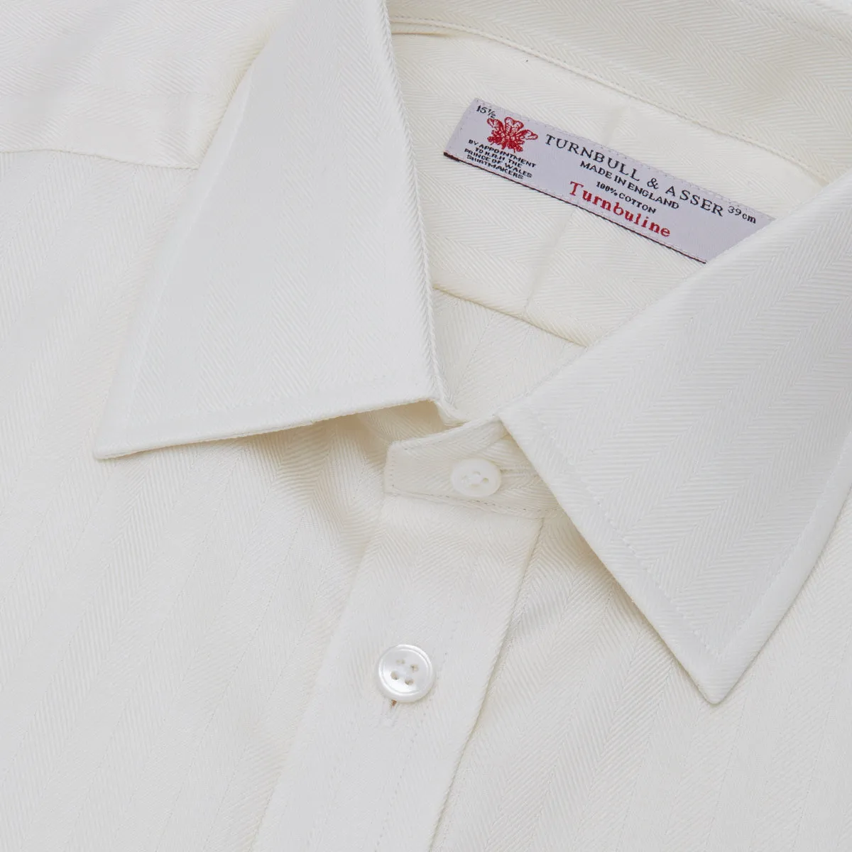 Cream Herringbone Superfine Cotton Shirt with T&A Collar and 3-Button Cuffs