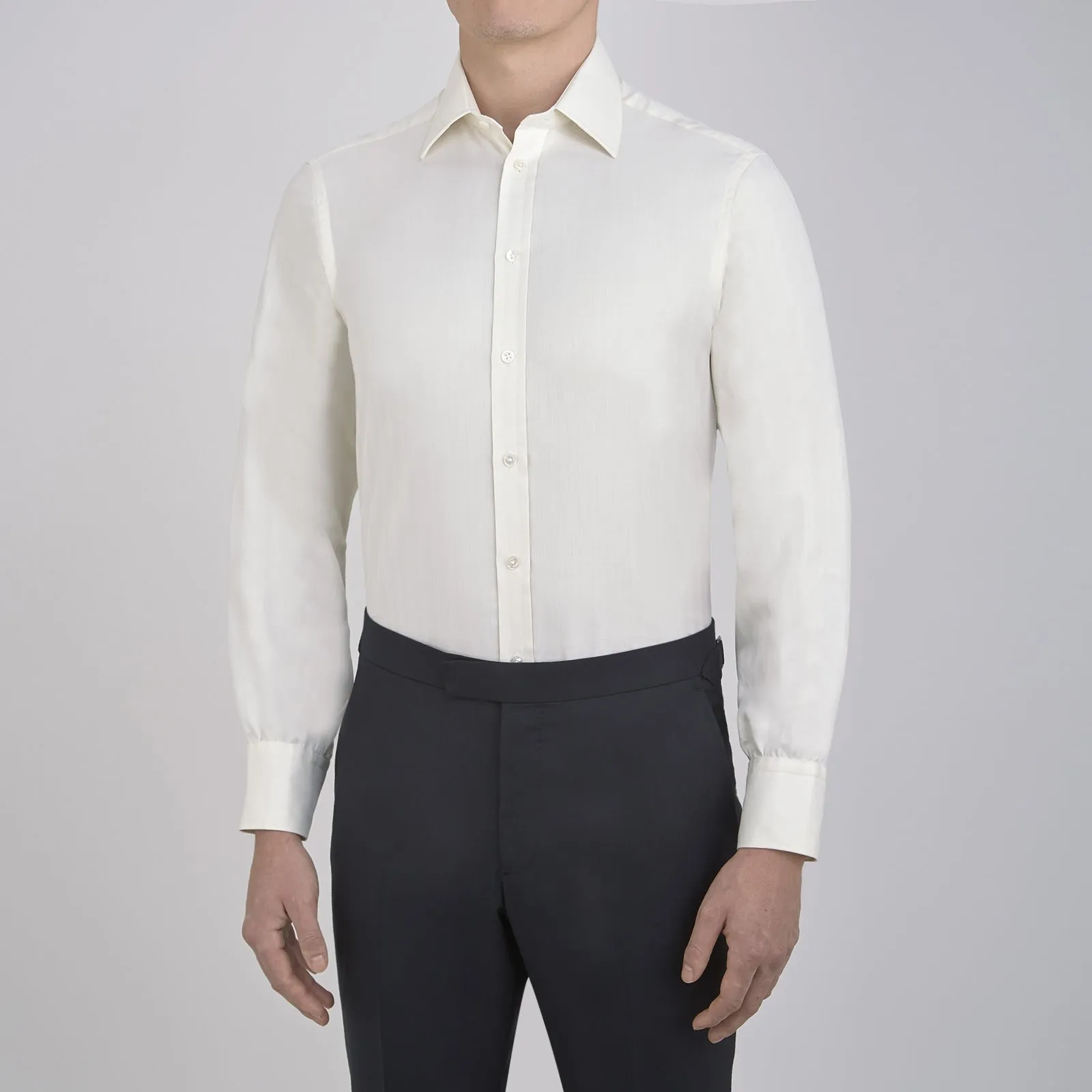 Cream Herringbone Superfine Cotton Shirt with T&A Collar and 3-Button Cuffs