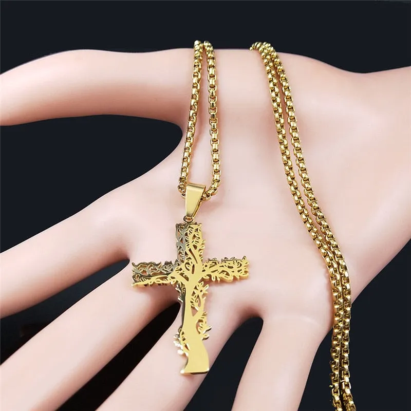 Cross Tree of Life Stainless Steel Chain Necklaces