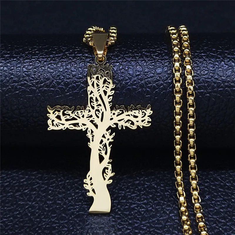 Cross Tree of Life Stainless Steel Chain Necklaces