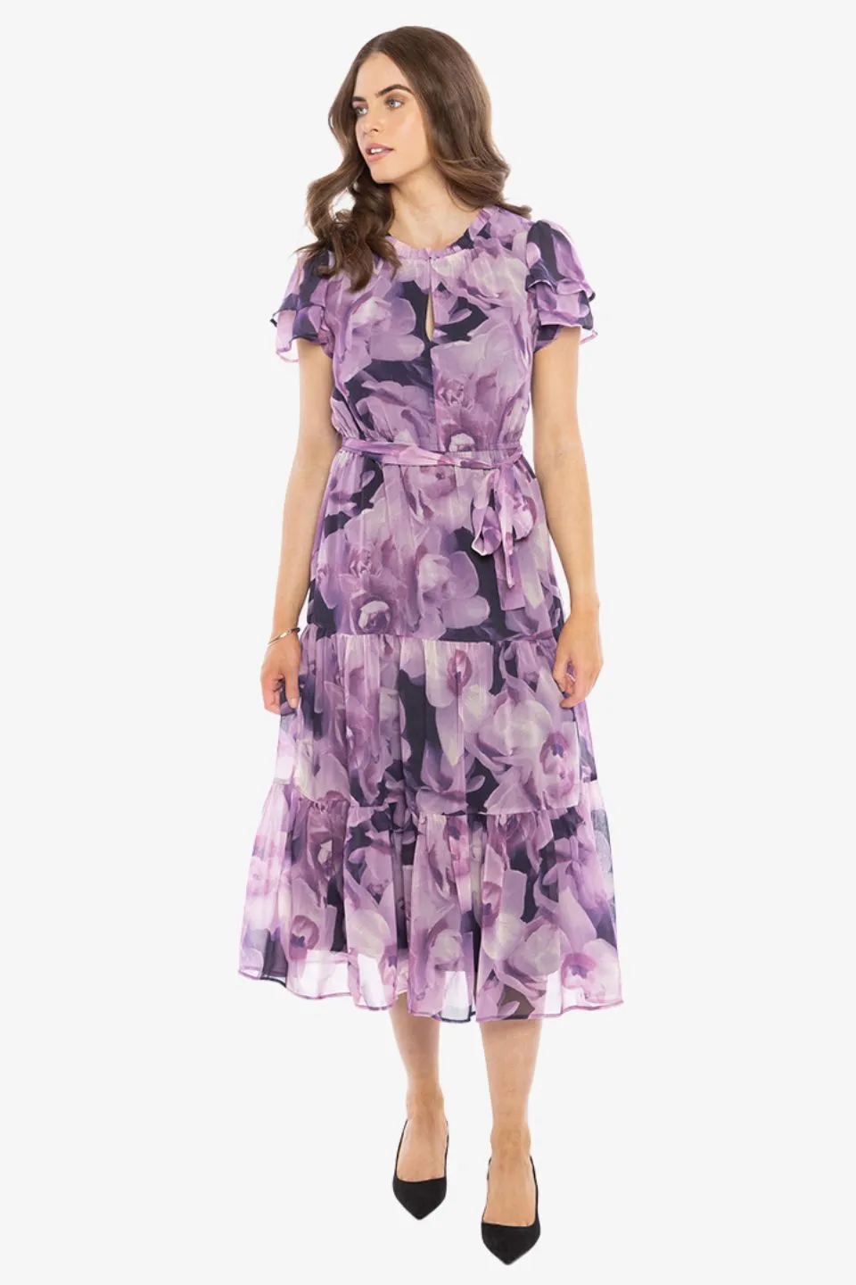 Cruise Purple Poppies SS Frill Sleeve Maxi