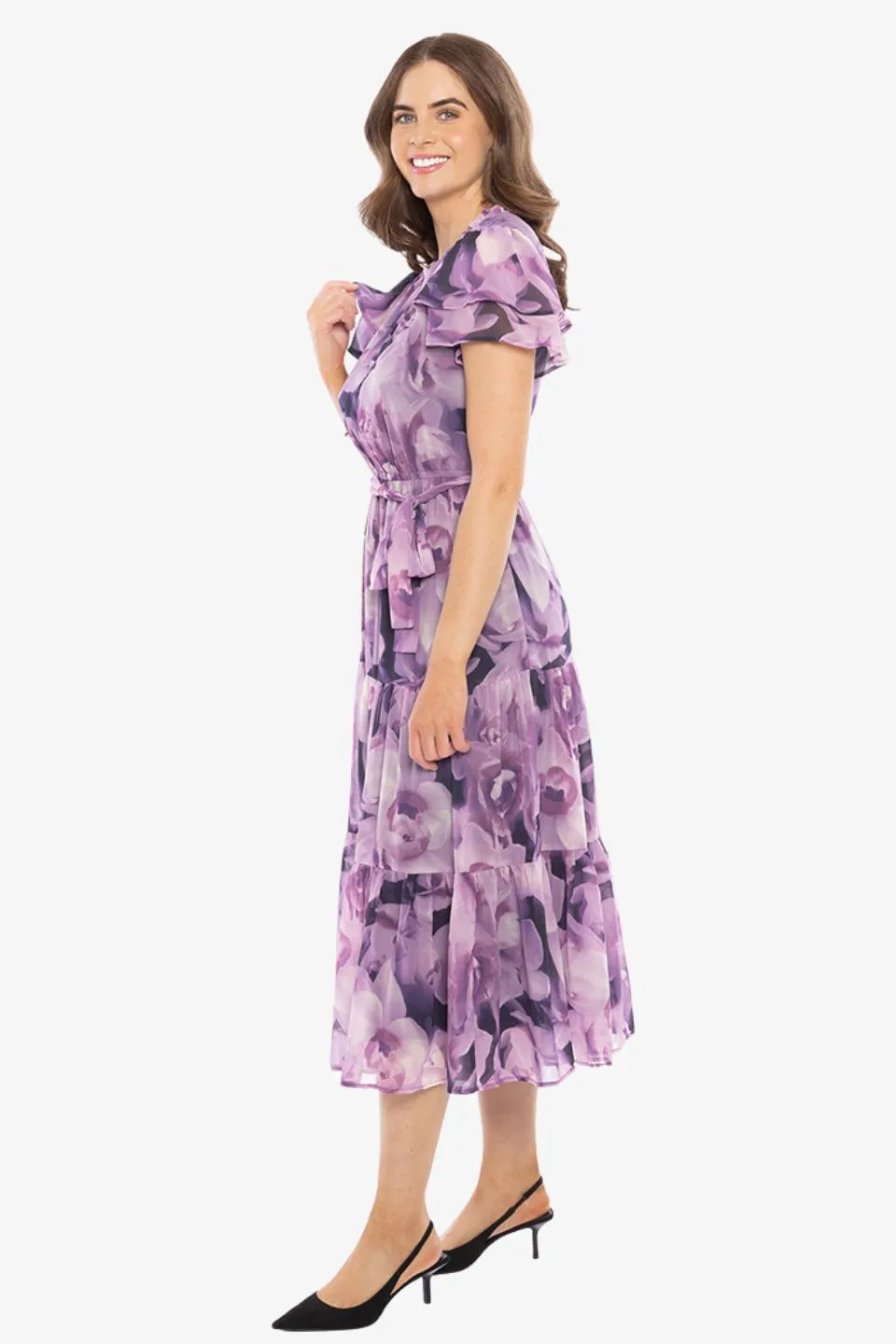 Cruise Purple Poppies SS Frill Sleeve Maxi