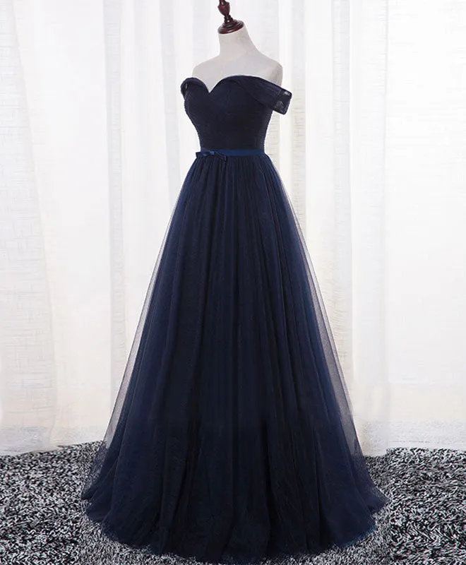 Dark Blue A Line Tulle Long Prom Dress, Evening Dress