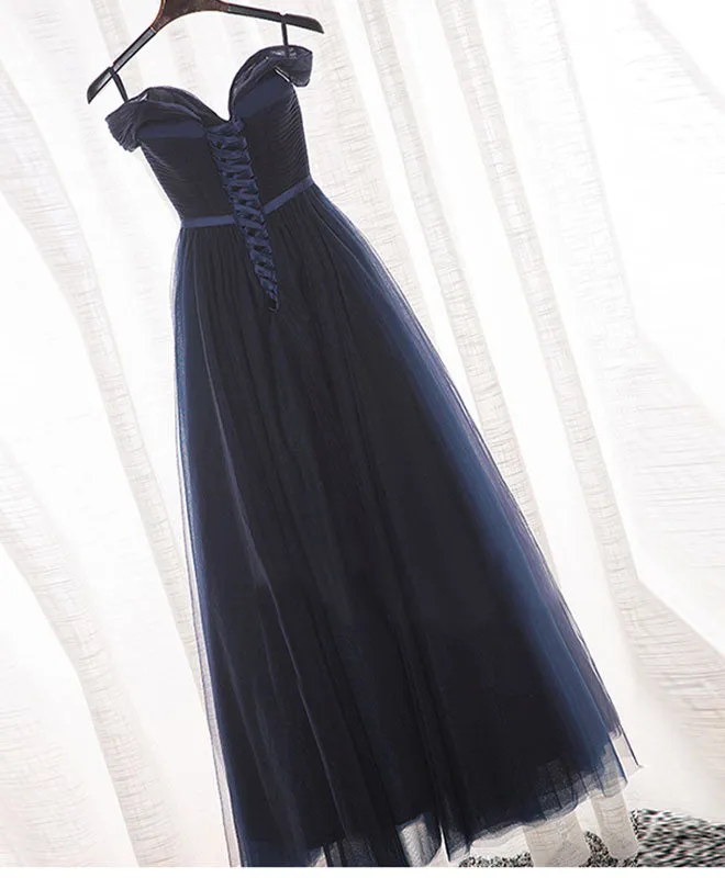 Dark Blue A Line Tulle Long Prom Dress, Evening Dress