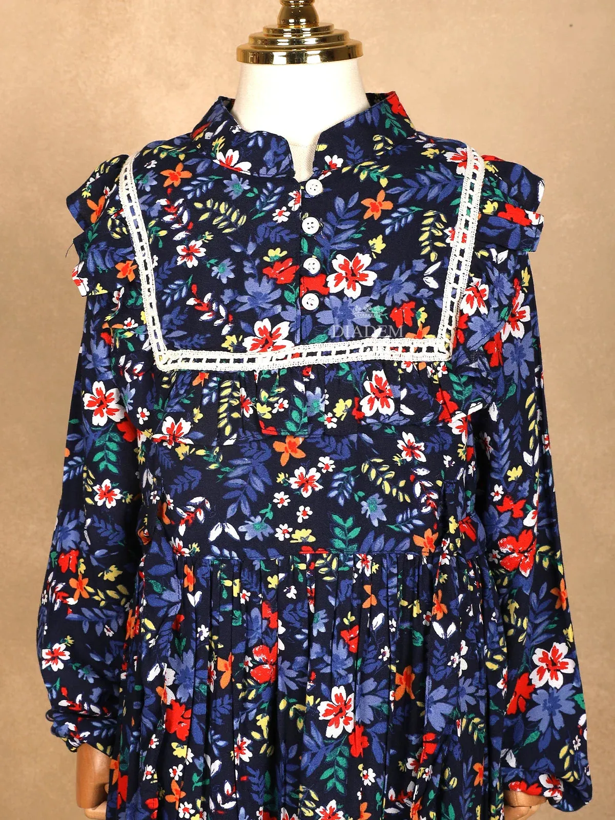 Dark Blue Cotton Frock Adorned with Flower Design Prints