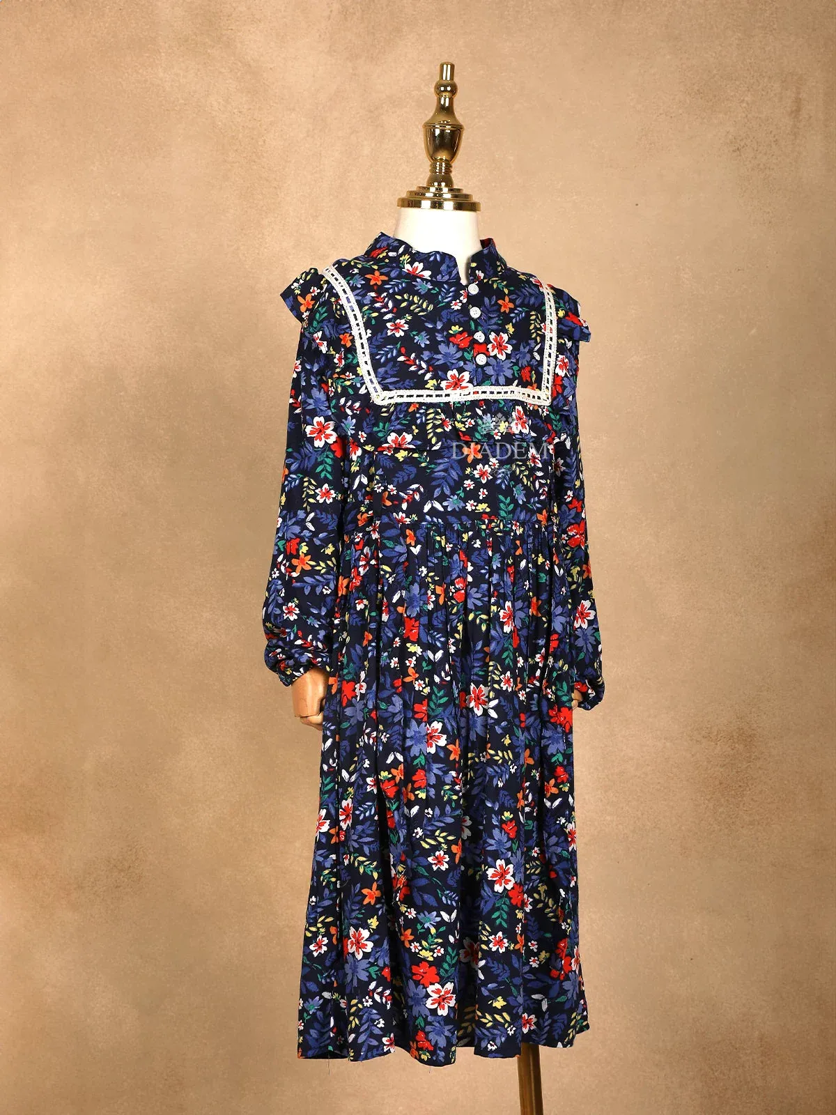 Dark Blue Cotton Frock Adorned with Flower Design Prints