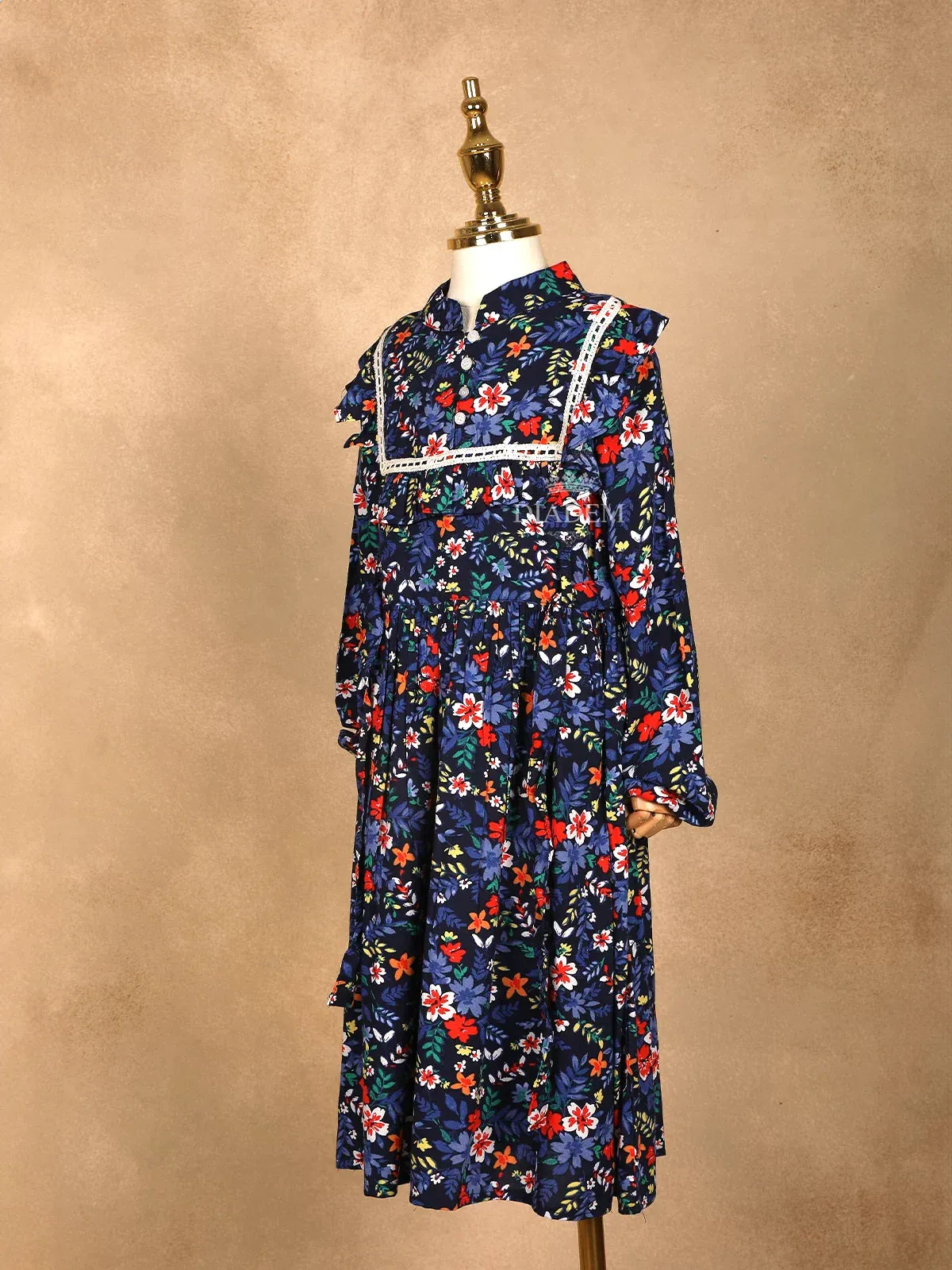 Dark Blue Cotton Frock Adorned with Flower Design Prints