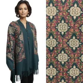 Dark Green Floral Embroidered Button Shawl