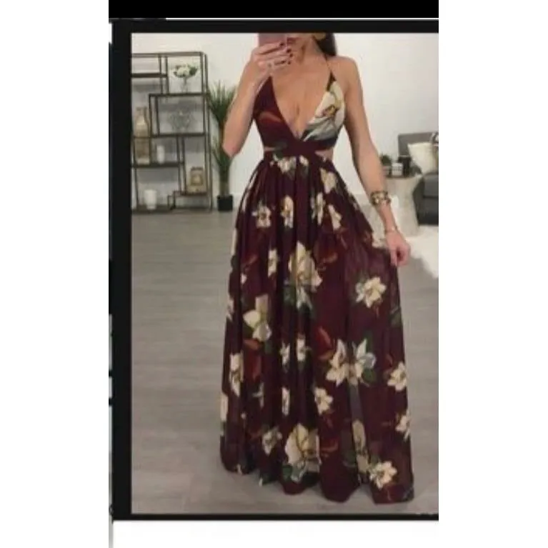 Deep V-Neck Backless Floral Maxi Dress