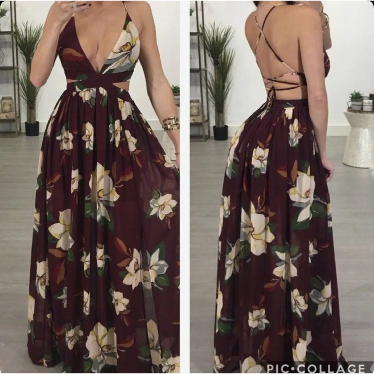 Deep V-Neck Backless Floral Maxi Dress