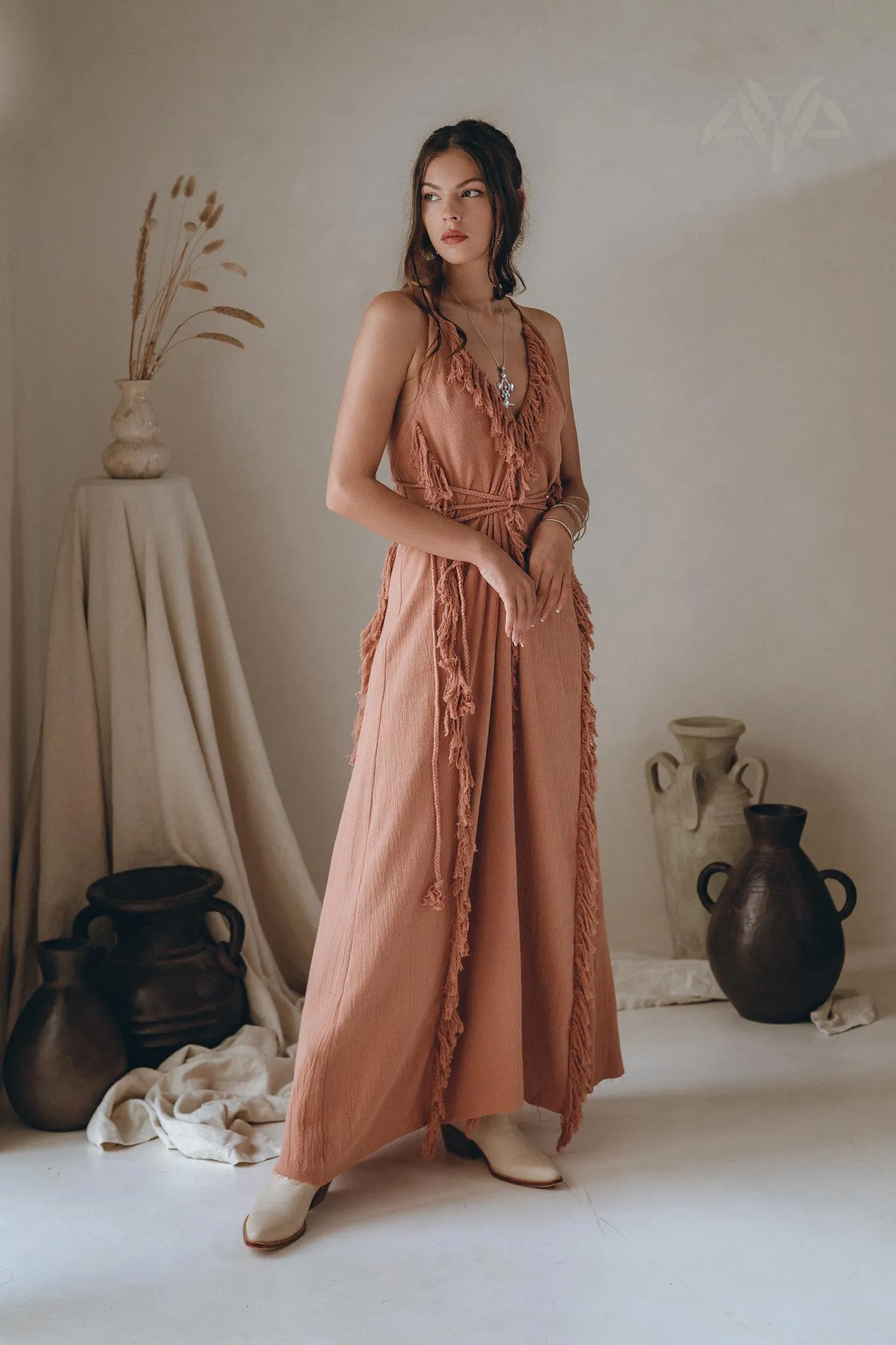 Dusty Rose Organic Boho Dress with Hand Loomed Tassels