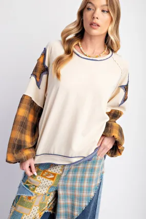 Easel Plaid Mix Raw Seam Star Patch Loose Fit Pullover