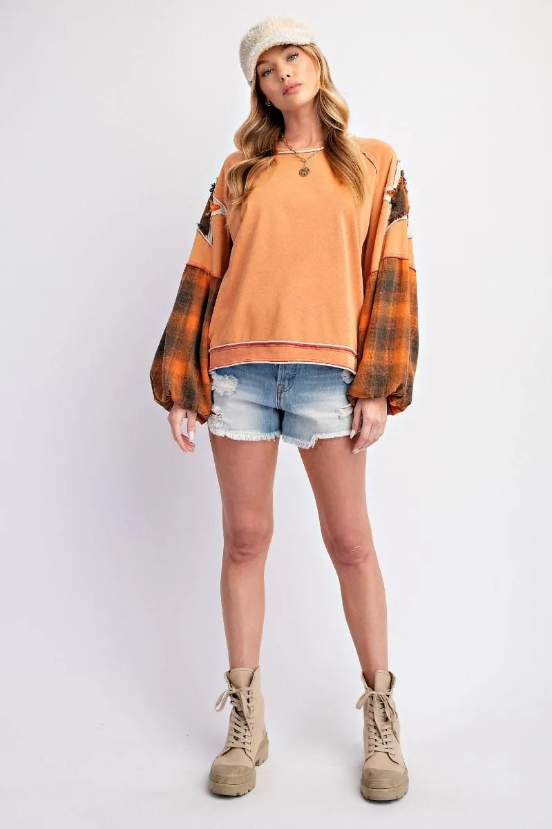 Easel Plaid Mix Raw Seam Star Patch Loose Fit Pullover